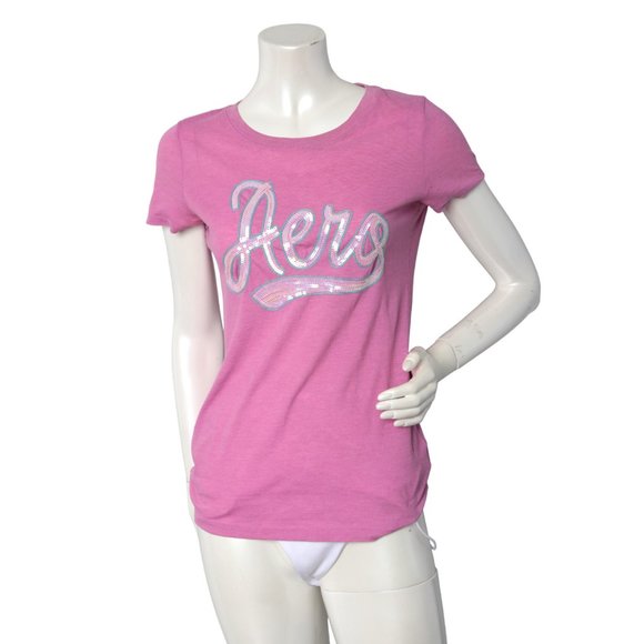 Aeropostal Retro Sequin T-shirt Short Cap Sleeves Top Stretch Glitter Girly Pink - Picture 2 of 6